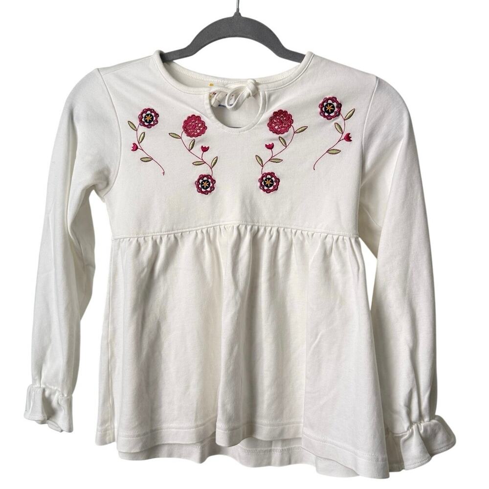 Hanna Andersson Shirt Girls Size 130 White Floral Embroidery Long Sleeve